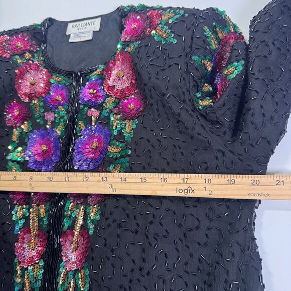 VTG BRILLIANTE BY J.A Silk Sequin Jacket Beaded Floral 80’s 90’s Glams Retro L - Picture 4 of 10
